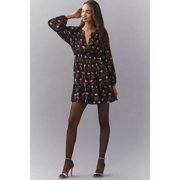 ANTHROPOLOGIE Somerset Blue Floral Chiffon Long Sleeve Mini Dress, Size S - Picture 2 of 13